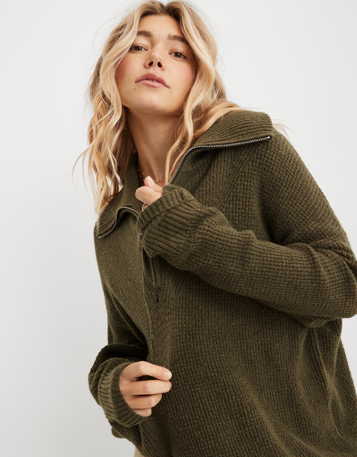 Buy Aerie CozyUp Waffle Quarter Zip Sweater online American Eagle Outfitters